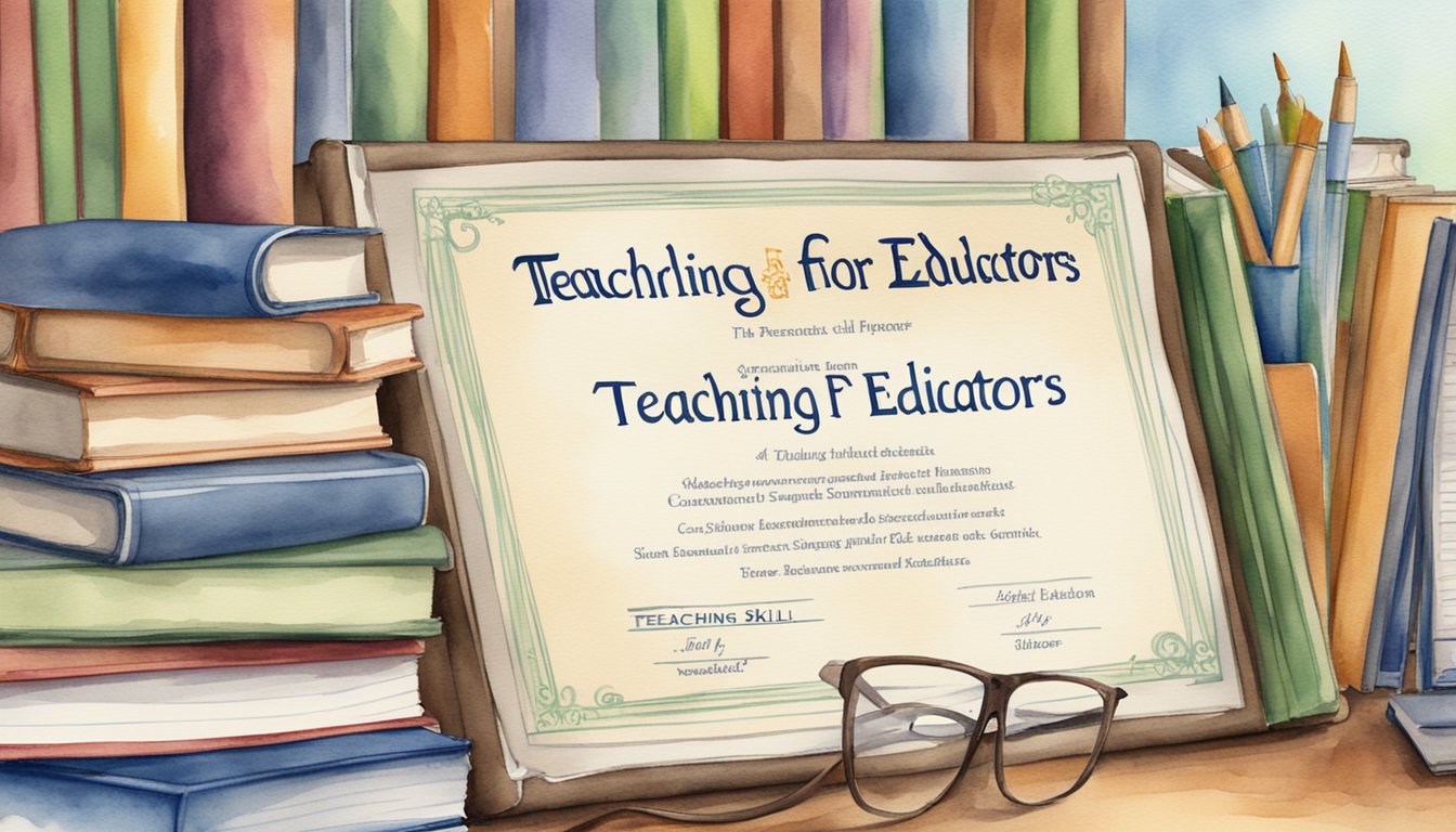 A diploma certificate surrounded by books and a computer, with the title "Teaching Skills for Educators" prominently displayed