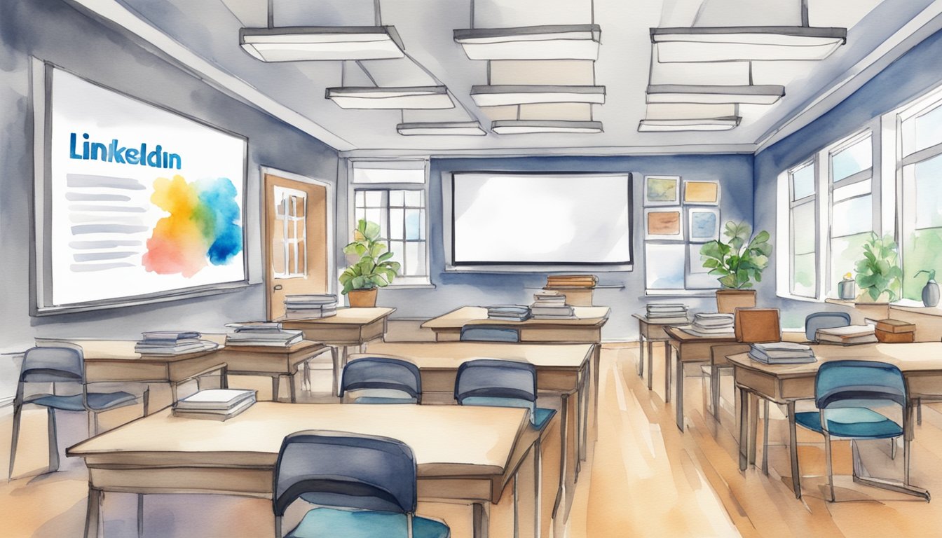 A classroom setting with a computer displaying "LinkedIn Learning: Teacher Training and CPD 11 Best Online Courses for Teacher Certification" on the screen.</p><p>Books, a whiteboard, and educational materials are visible in the background