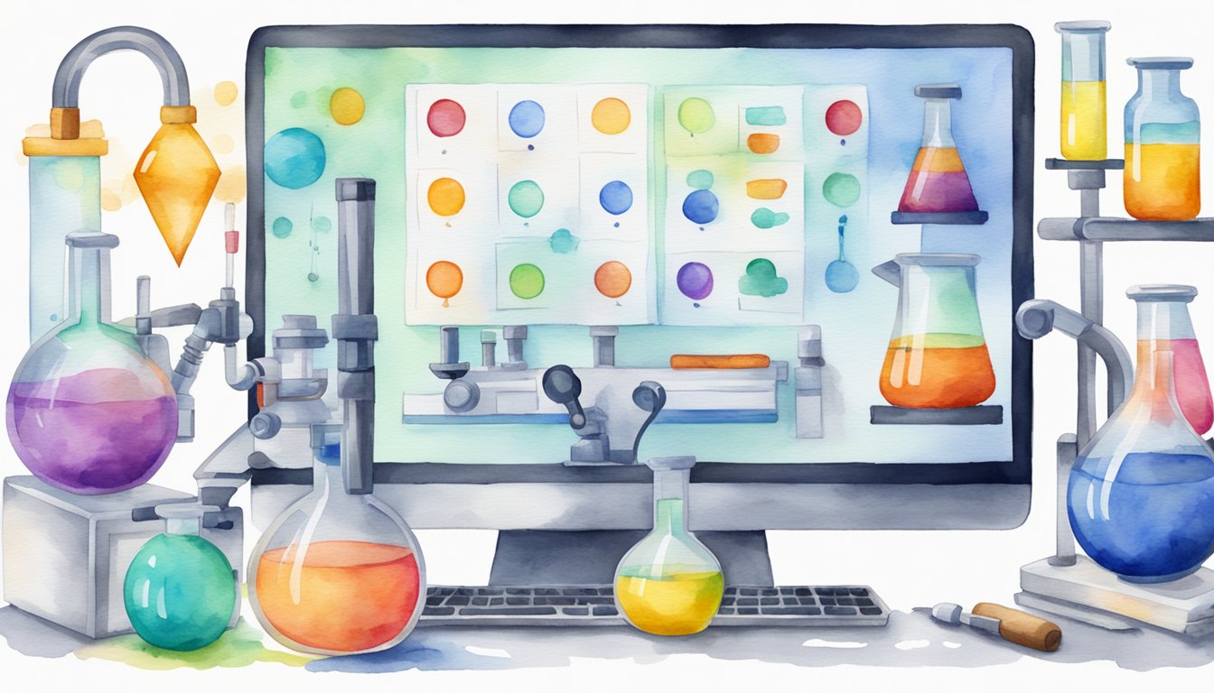 A colorful website with 11 science experiment icons displayed on a computer screen, surrounded by lab equipment and a microscope