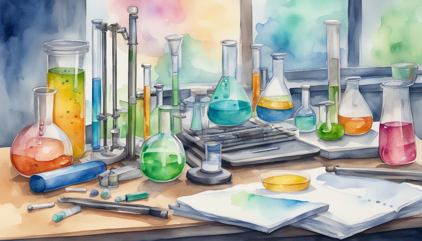 A cluttered lab bench with test tubes, beakers, and science equipment.</p><p>A computer screen displays "Science Buddies 11 Best Websites for Science Experiments."