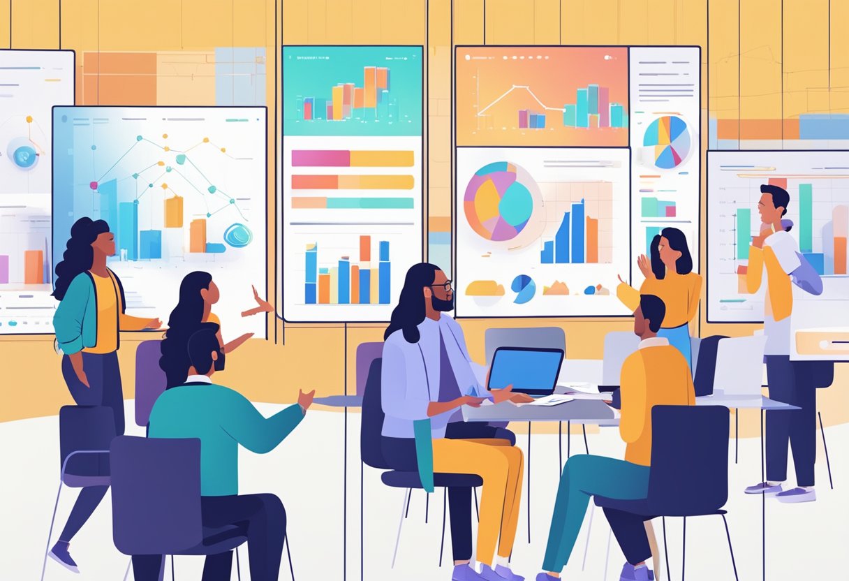 A group of diverse AI experts engage in lively discussion, gesturing and pointing at a digital screen displaying complex algorithms and data charts