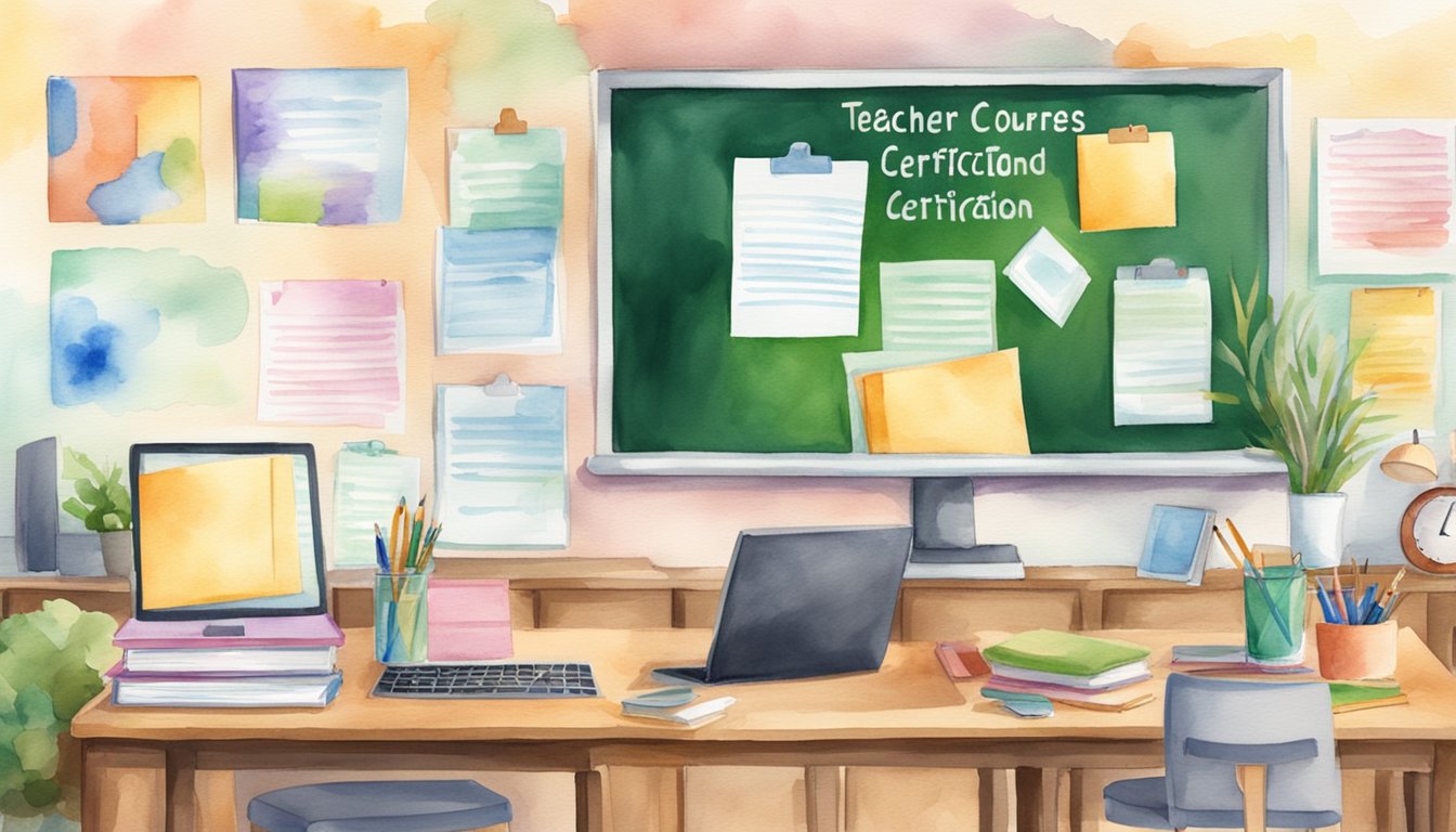 A classroom setting with a prominently displayed "Teacher Certification" certificate, surrounded by educational materials and a computer showing "11 Best Online Courses for Teacher Certification."