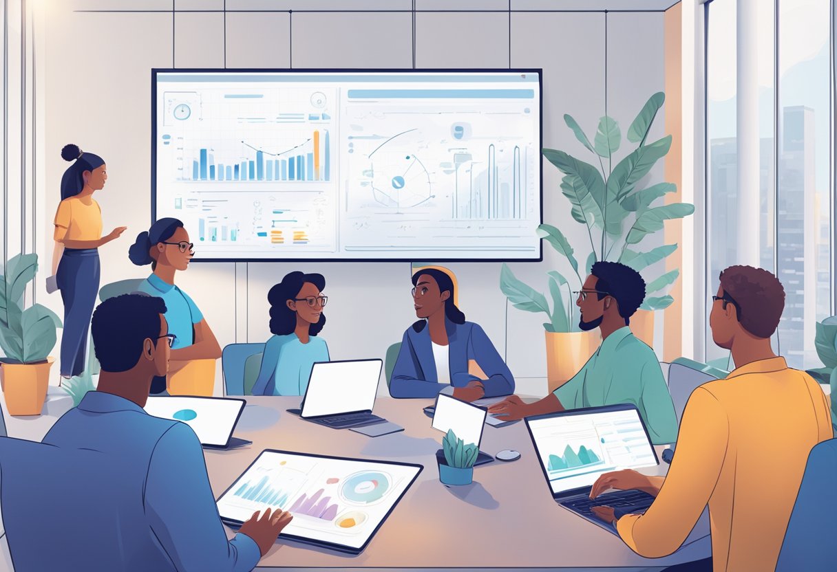 A group of diverse individuals engage in lively discussion about AI fundamentals in a modern, tech-filled room. Whiteboards and screens display complex algorithms and data visualizations