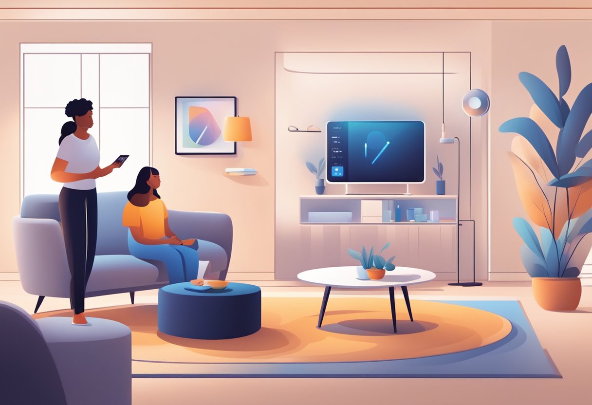 AI devices interact with people in a modern living room. A virtual assistant responds to voice commands, while a smart thermostat adjusts the temperature