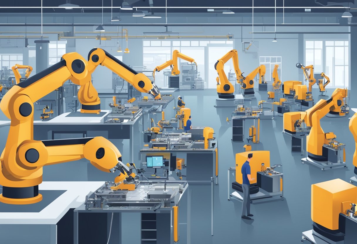 Robotic arms assembling products in a factory, while human workers monitor and adjust the machines. AI algorithms analyze data to optimize production efficiency