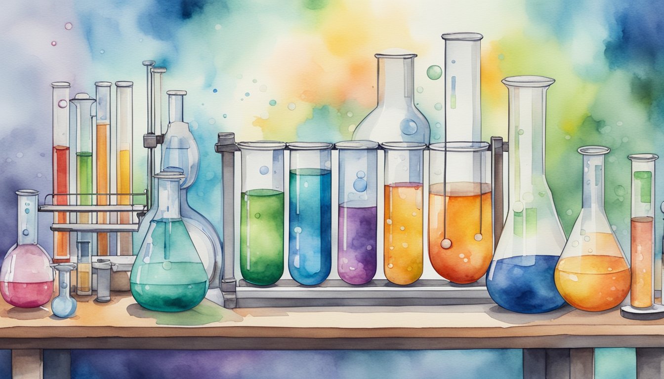 A colorful array of science experiment materials, including beakers, test tubes, and various chemicals, arranged on a lab table with a backdrop of science-related posters and diagrams