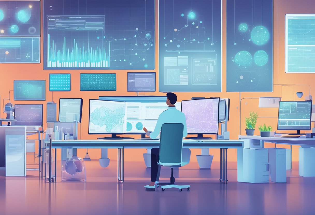 A laboratory setting with AI technology analyzing medical data and scientific research. Computer screens show data visualizations and researchers discuss AI applications