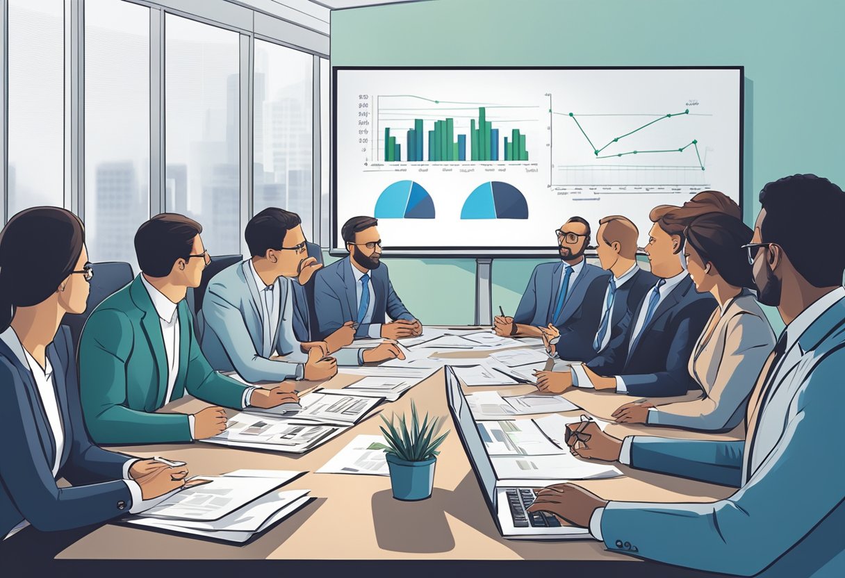 A group of people discussing regulatory and governance issues in a boardroom setting, with charts and graphs displayed on a screen in the background