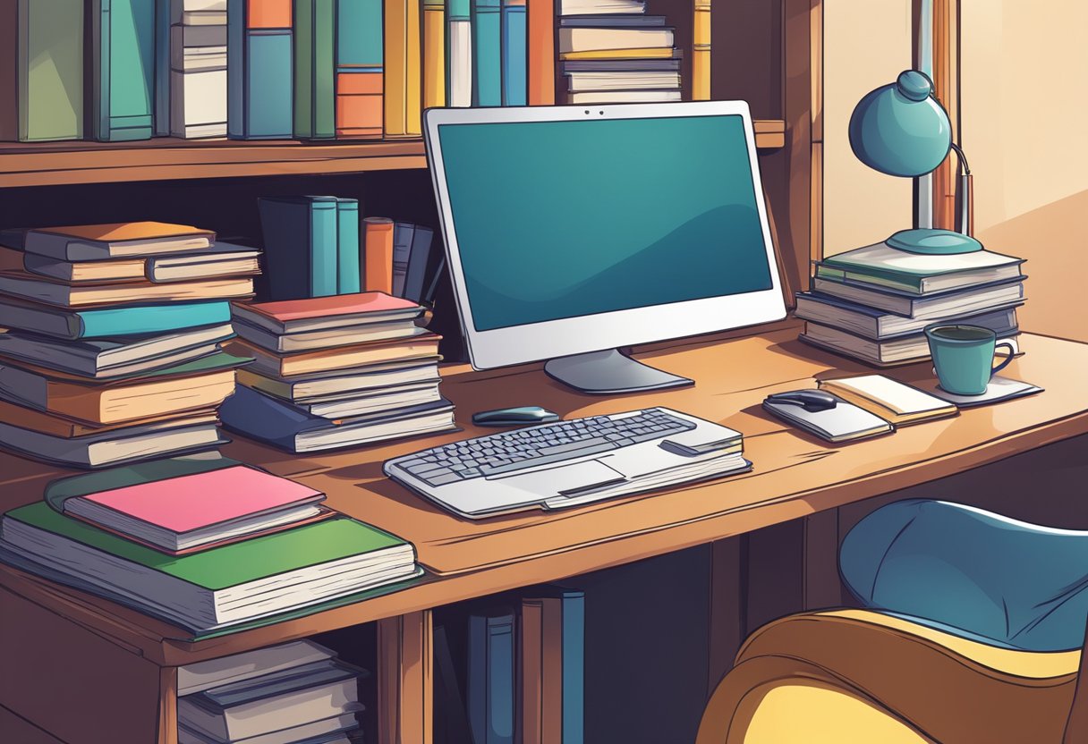 A desk with a computer, notebook, and pen. A person's hand typing on the keyboard. A bookshelf with various books in the background