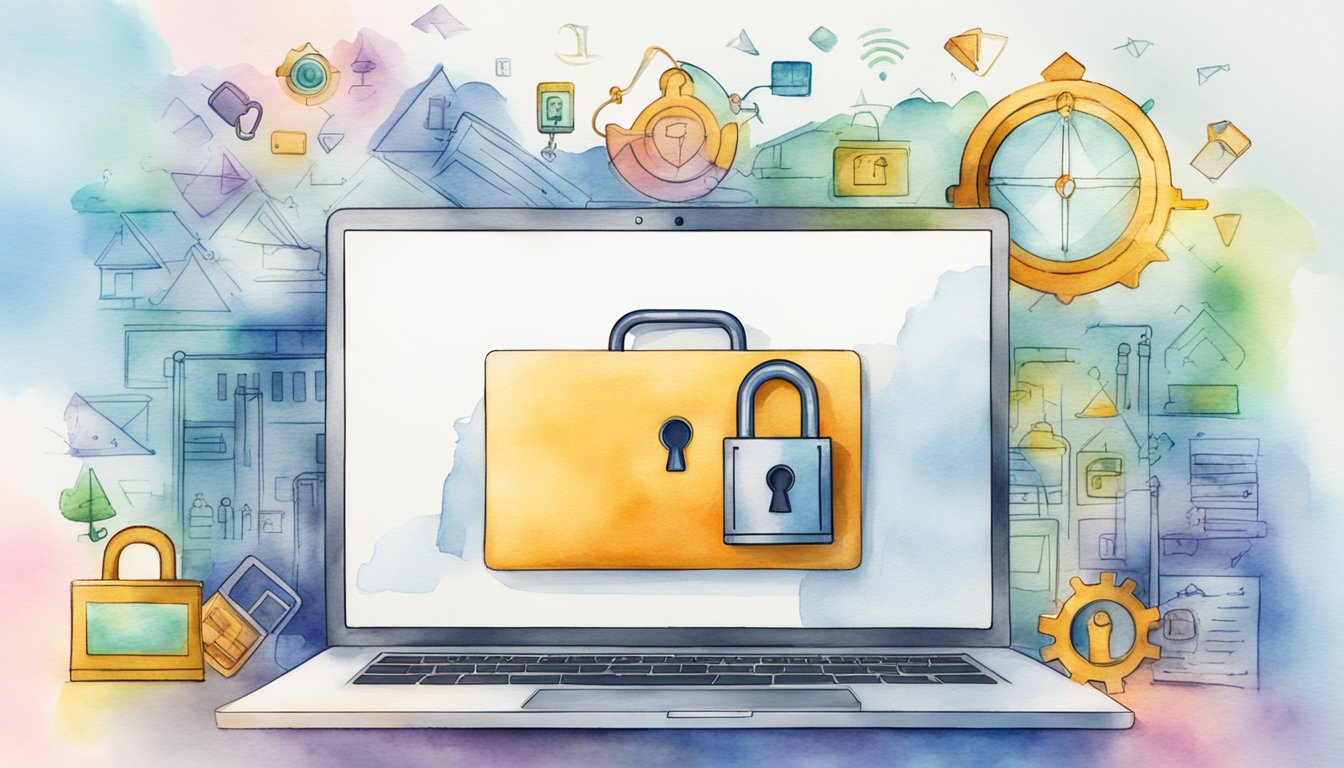 A laptop surrounded by security symbols and a padlock, with a certificate and a list of top cybersecurity certification programs in the background