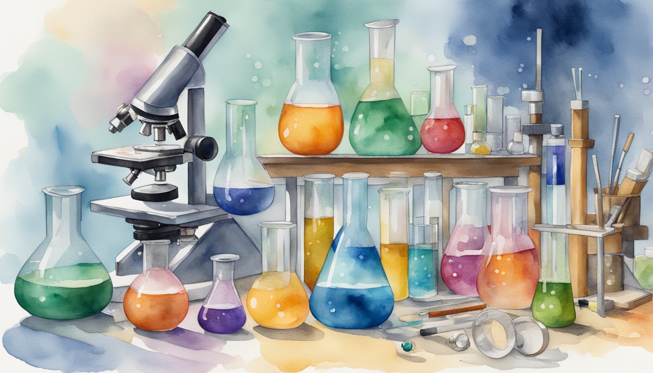 A table filled with colorful beakers, test tubes, and scientific equipment.</p><p>A bubbling flask sits on a Bunsen burner, while a microscope and various lab tools are scattered around