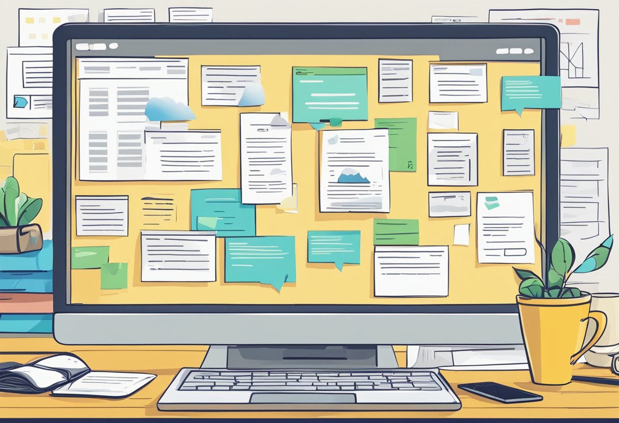 A computer screen displaying various discussion post generator options, surrounded by brainstorming notes and a cup of coffee