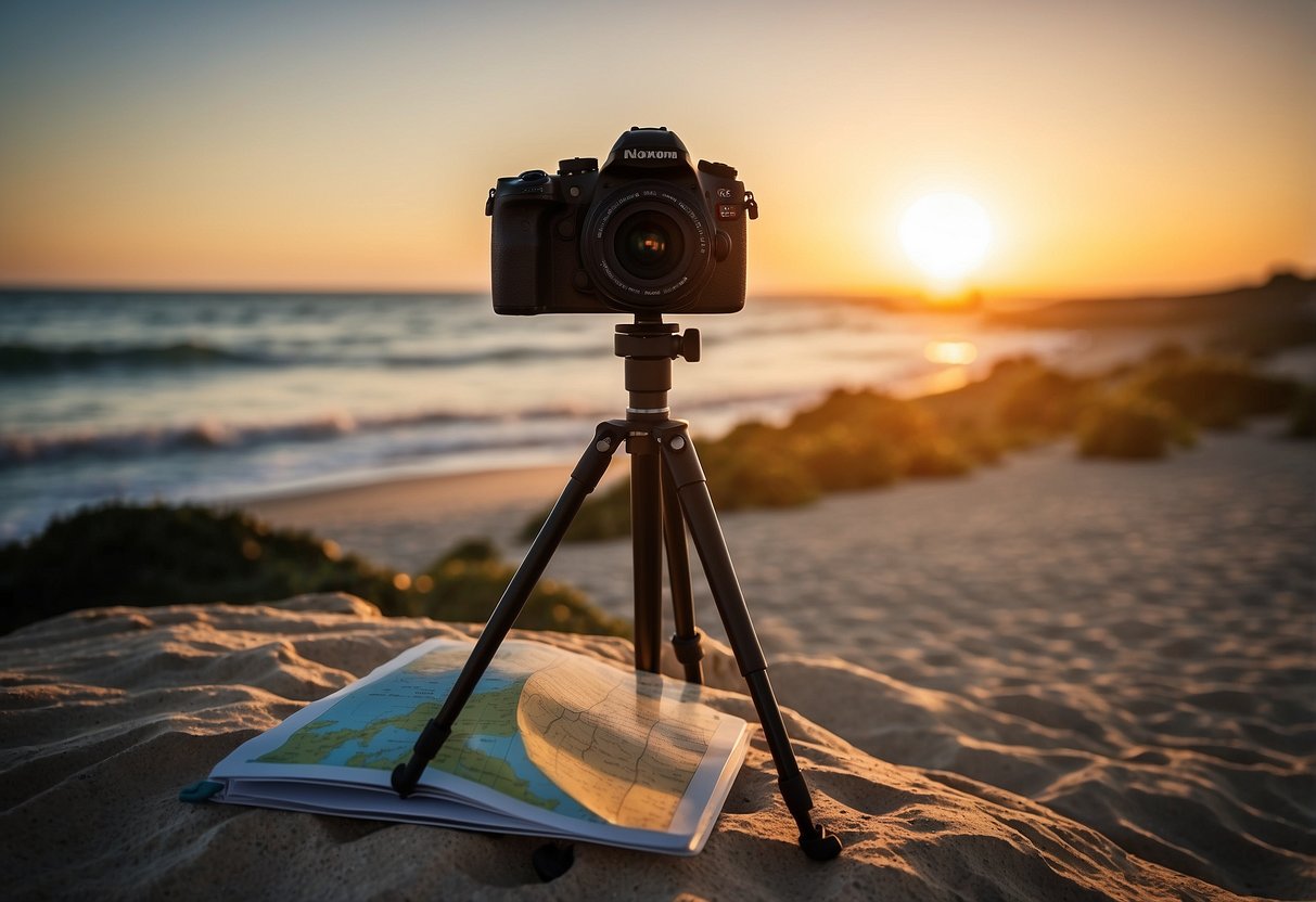 A camera on a tripod capturing a stunning sunset over a tranquil beach, with a map, guidebook, and a backpack nearby