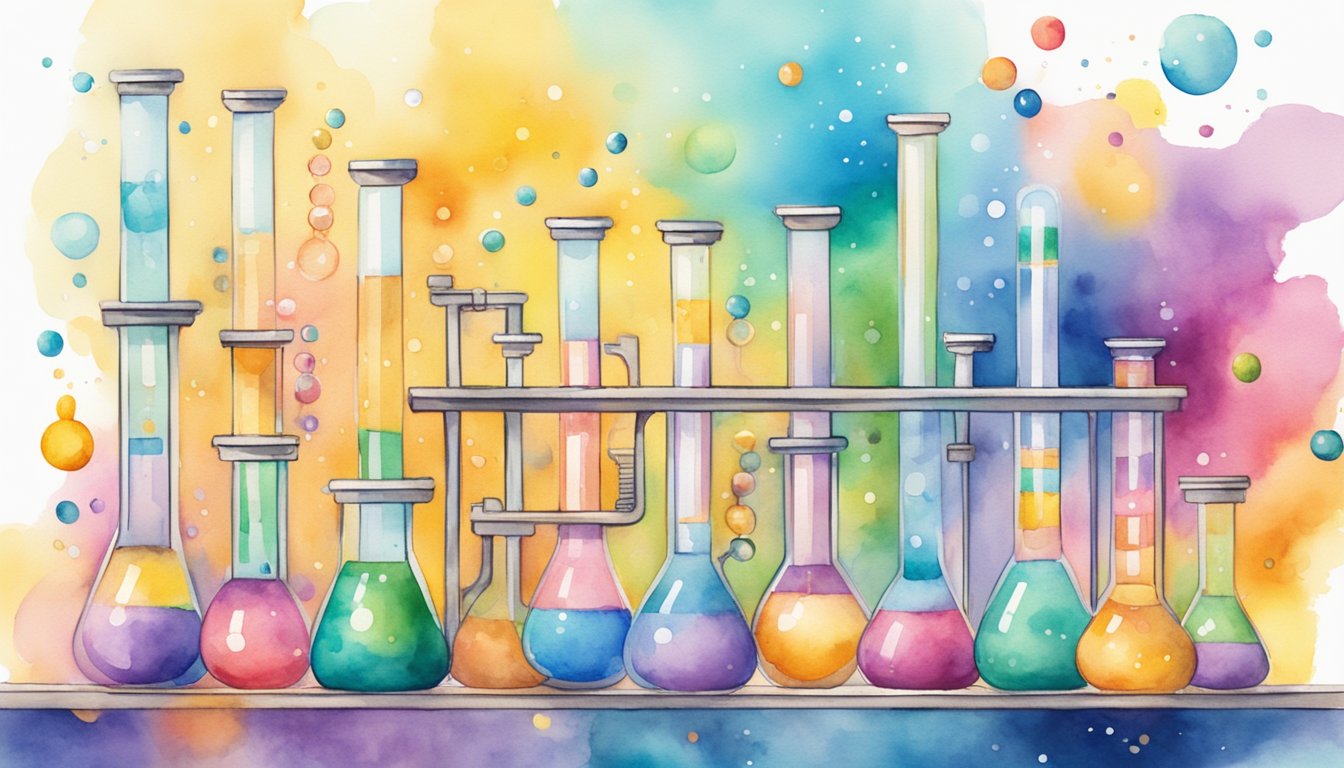 A colorful website banner featuring test tubes, bubbling beakers, and sparking circuits, surrounded by excited children and vibrant energy