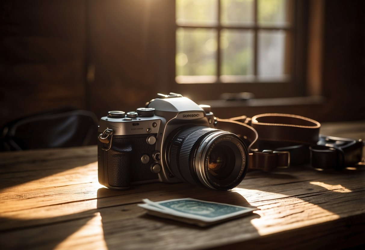 A camera, map, and backpack lay on a rustic wooden table. Sunlight streams through a window, casting a warm glow on the items