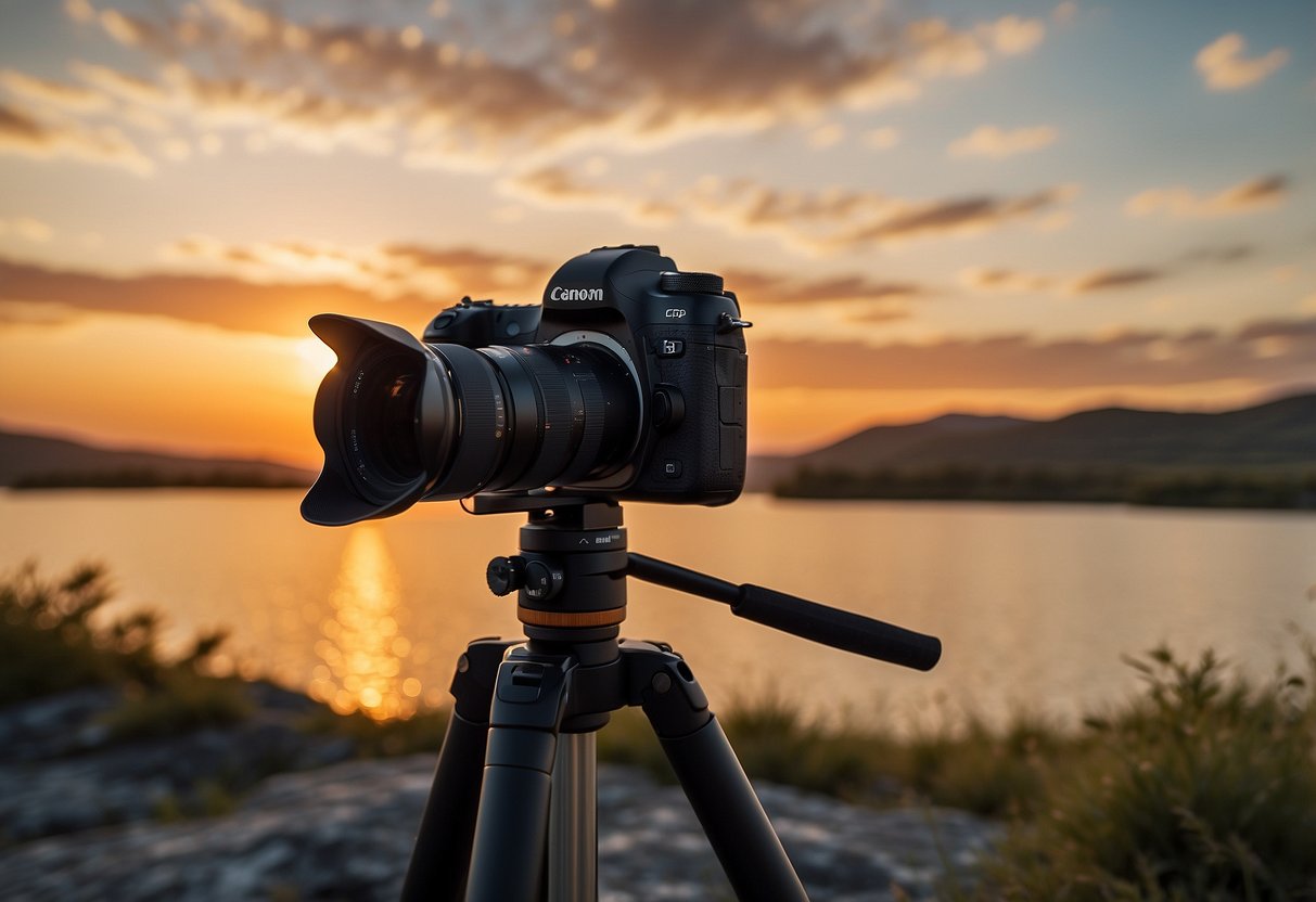 A camera on a tripod set up in front of a stunning landscape, with the sun setting in the background and a remote shutter release in use