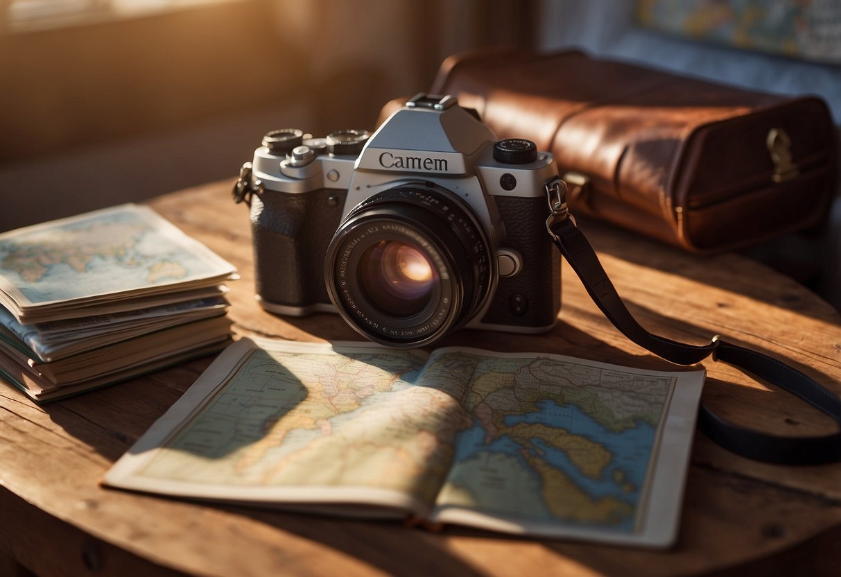 A camera sitting on a weathered wooden table, surrounded by maps, passports, and travel guides. The soft glow of a sunset streaming through a window, casting warm light on the scene