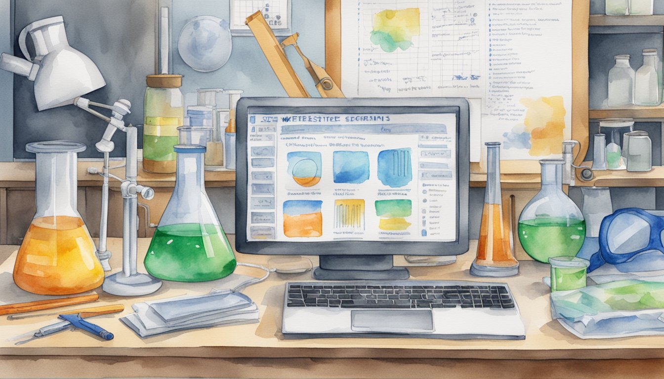 A lab table with safety goggles, gloves, and a variety of science equipment.</p><p>A computer screen displaying the "11 Best Websites for Science Experiments" list