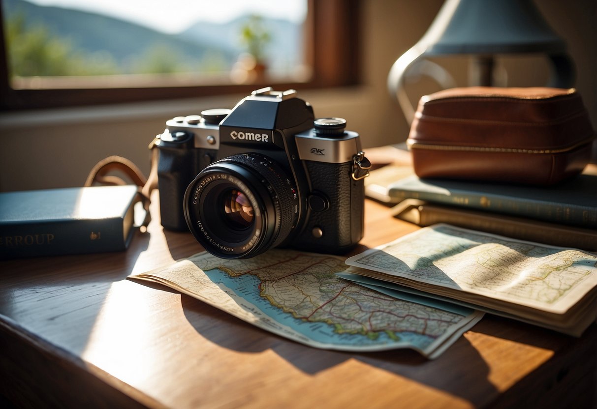 A camera, map, and guidebook lay on a table, surrounded by travel souvenirs and a passport. Sunlight streams in through a nearby window