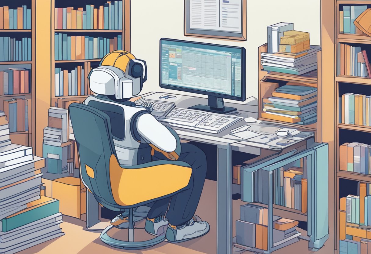 AI responds to questions on a computer screen, surrounded by books and educational materials. The AI's interface displays a friendly and helpful demeanor, with various data and information being processed in the background