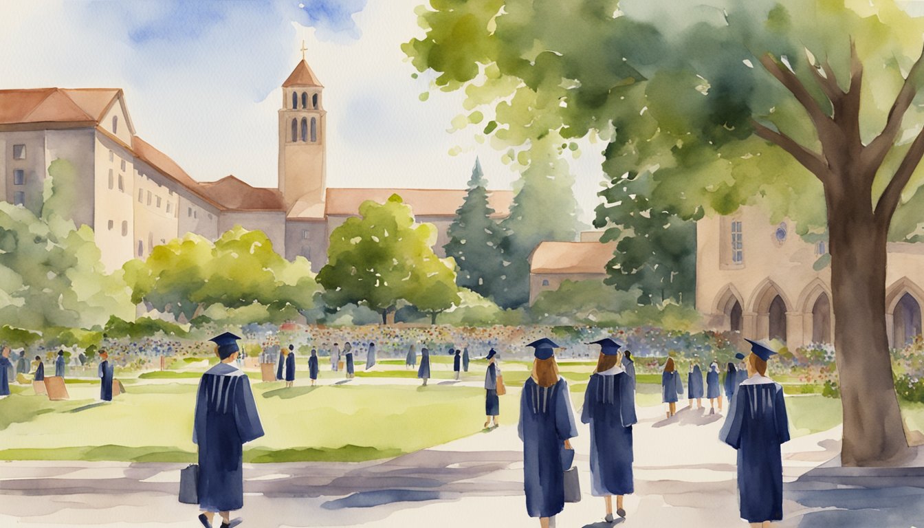 A sunny day on Stanford's campus, with 11 college buildings in the background.</p><p>A graduation ceremony is taking place, with students in caps and gowns celebrating their achievement