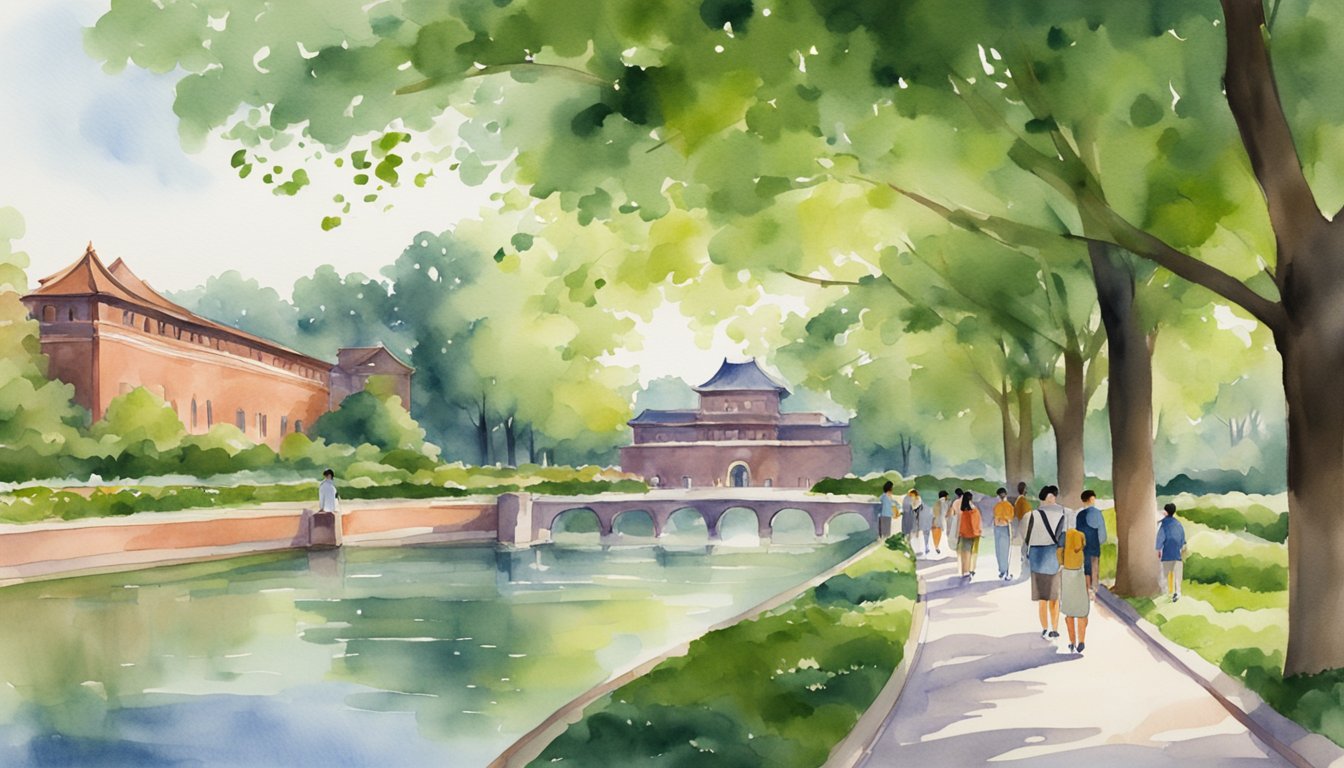 Tsinghua University's iconic red-brick buildings stand against a backdrop of lush greenery.</p><p>A serene pond reflects the grandeur of the architecture, while students stroll along the tree-lined paths