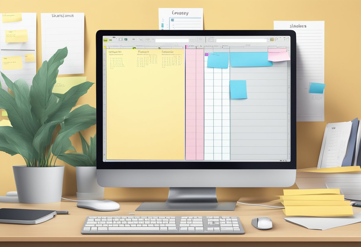 A computer screen with a list of replies, a keyboard, and a mouse on a desk. Walls adorned with sticky notes and a calendar