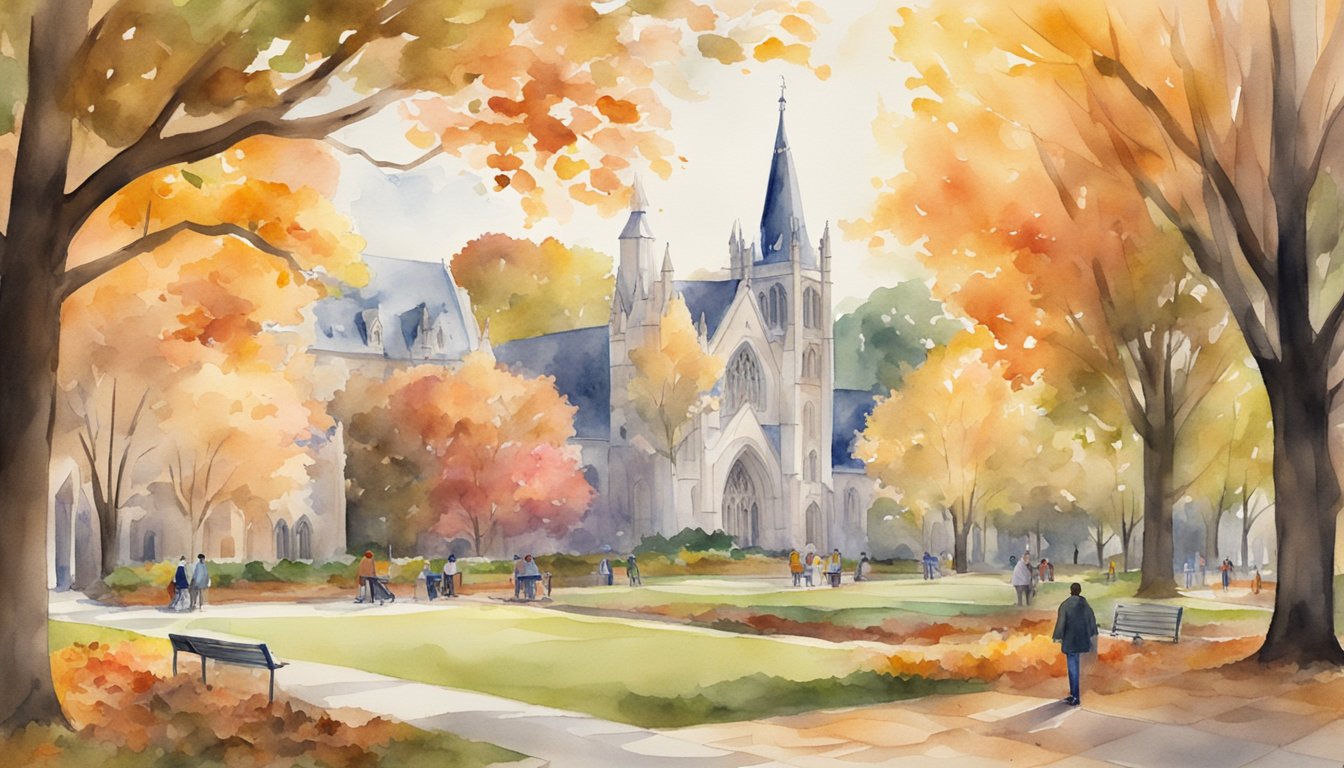 A picturesque campus with iconic gothic architecture, surrounded by vibrant fall foliage and bustling with scholarly activity