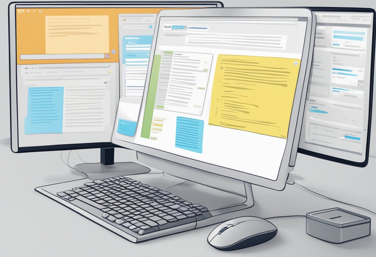 A computer screen displaying a discussion board with AI-Powered Response Generation topic. A keyboard and mouse are nearby