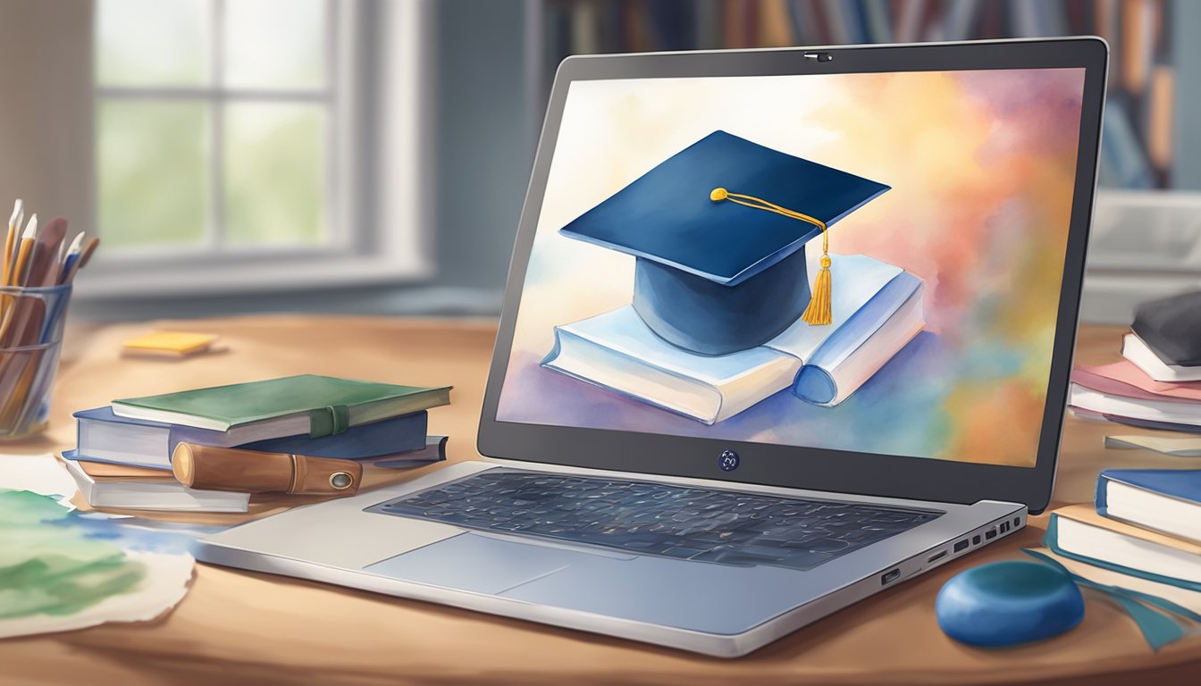 A graduation cap rests on a computer keyboard, surrounded by virtual diplomas and academic regalia.</p><p>The University of Pennsylvania logo is prominently displayed on the screen