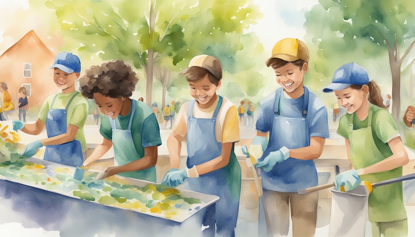 A group of students painting a mural, cleaning up a park, and helping at a food bank, all with smiles on their faces