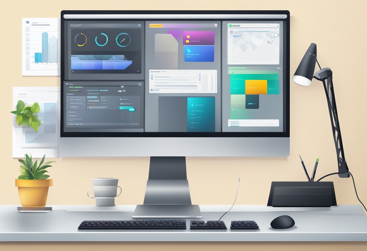 A computer monitor displaying a discussion board interface with various features and tools. A keyboard and mouse sit on the desk next to it