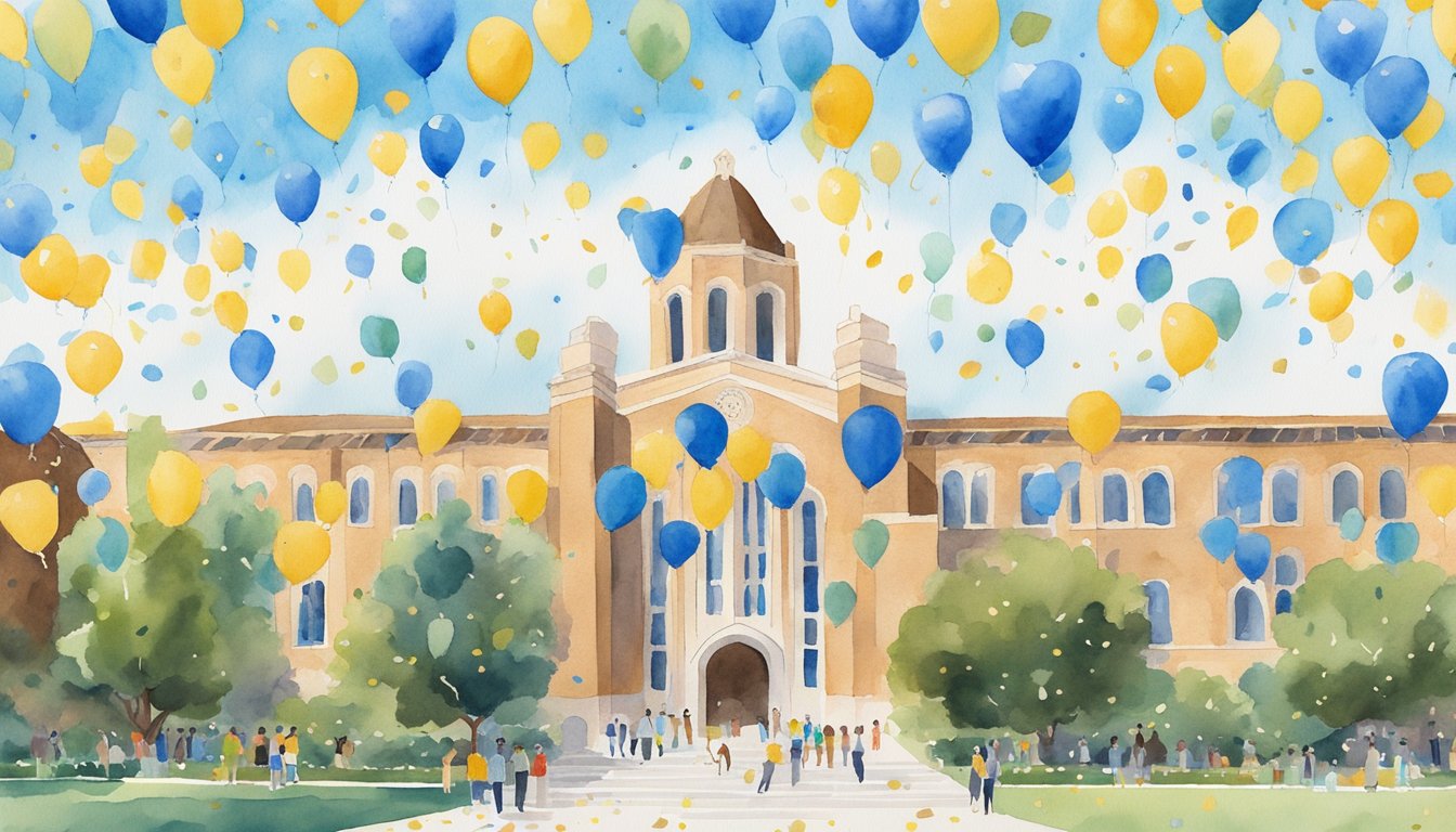 The UCLA campus with 11 online college names in bold, surrounded by celebratory graduation caps and confetti