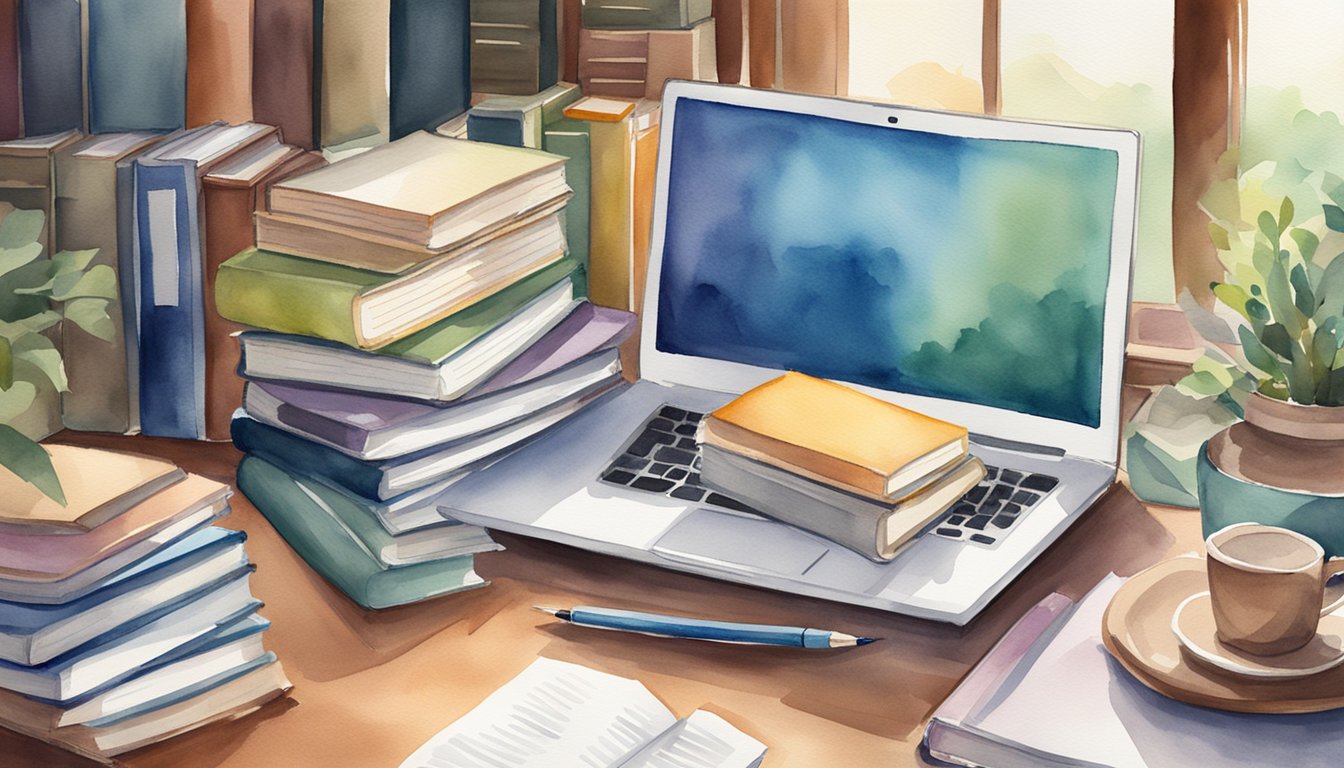 Books and textbooks stacked on a desk, with a laptop open to a college application website.</p><p>A student's schedule showing honors and AP courses