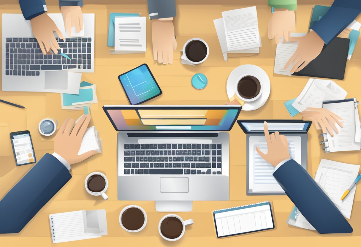 Multiple computer screens with open discussion threads. A hand reaches for a keyboard. Coffee mug and notepad on the desk