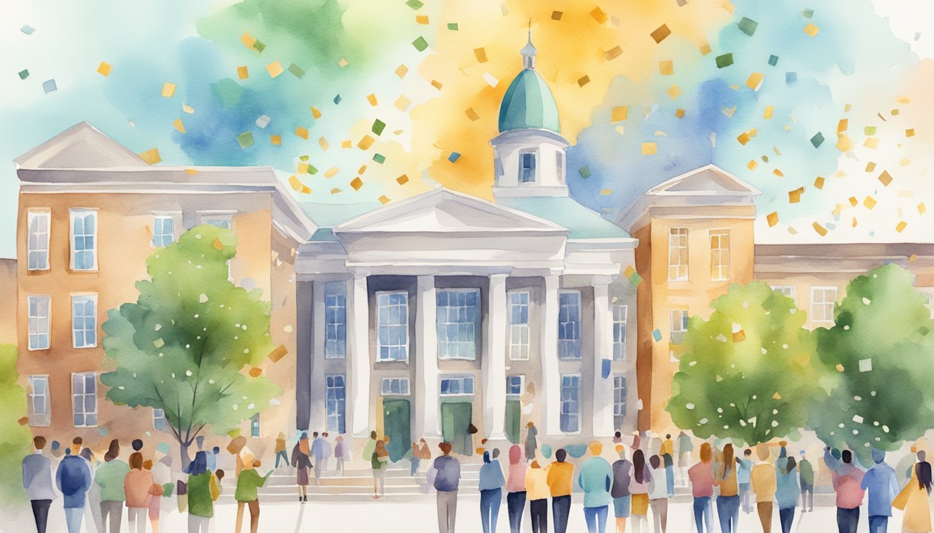 A group of online college buildings with banners displaying high graduation rates.</p><p>A celebratory atmosphere with confetti and cheering