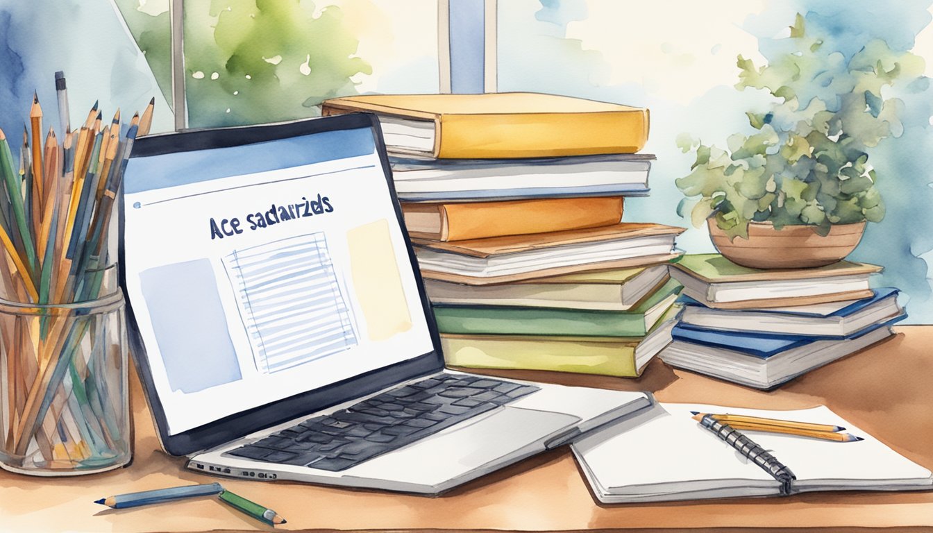 A stack of college application books surrounded by pencils, notebooks, and a laptop.</p><p>A banner reading "Ace Standardized Tests 11 Tips" hangs above the scene