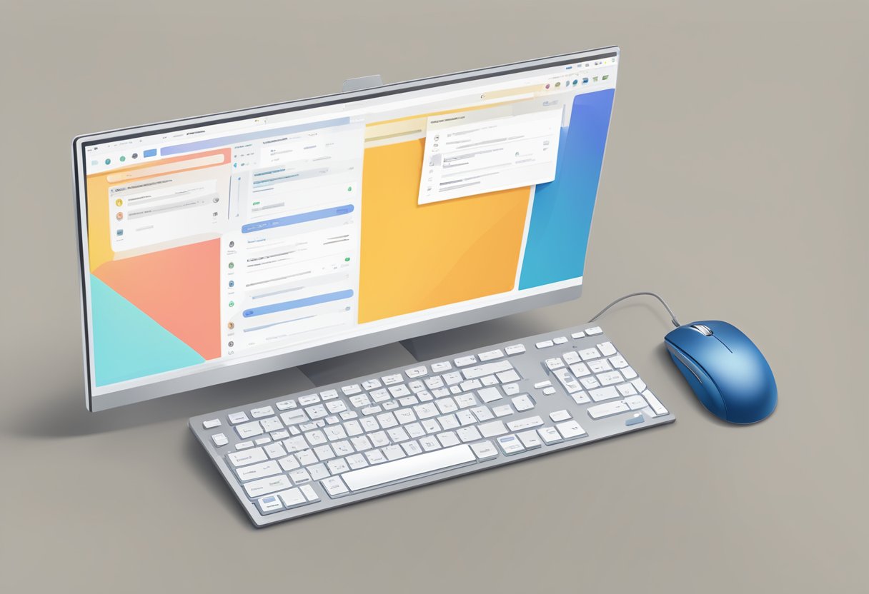 A computer screen with a keyboard and mouse, showing a platform interface with discussion posts and reply options. Icons for tools and settings are visible on the screen