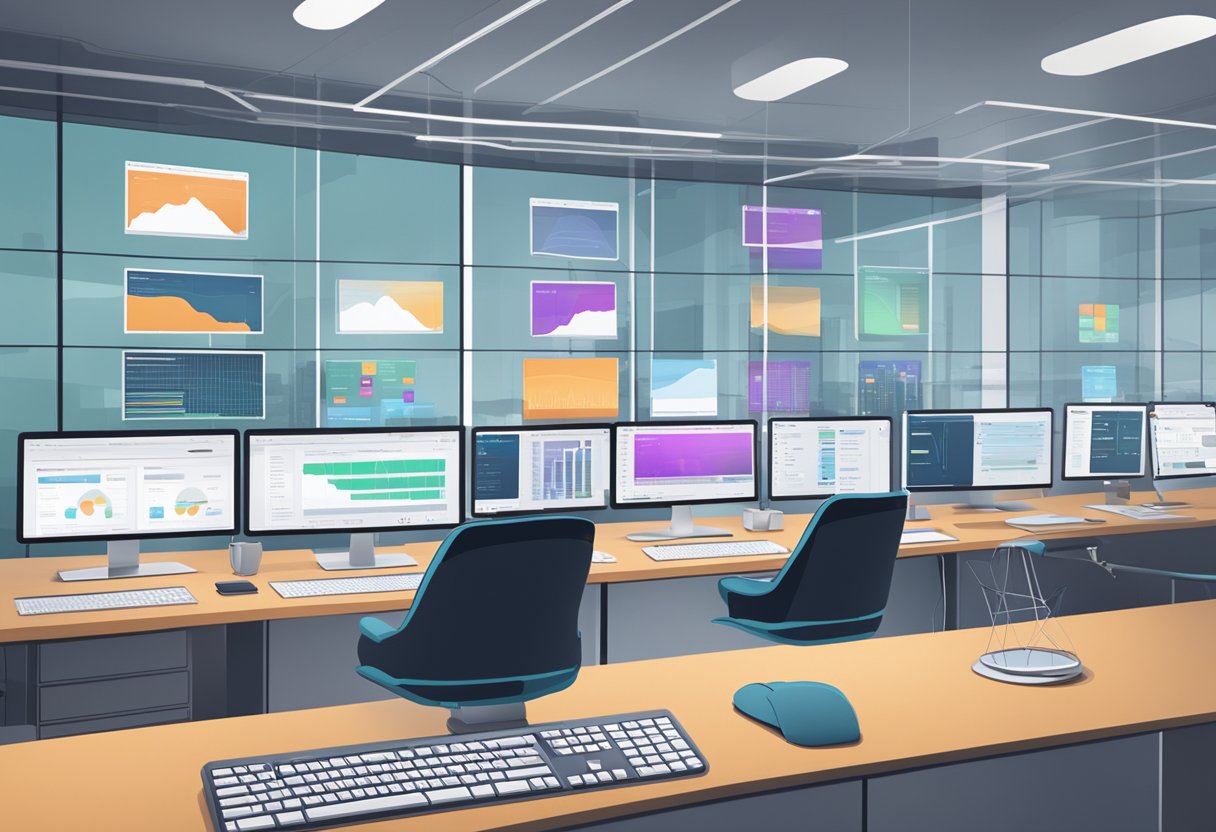 An array of computer screens displaying AI response generators in a sleek, modern office setting