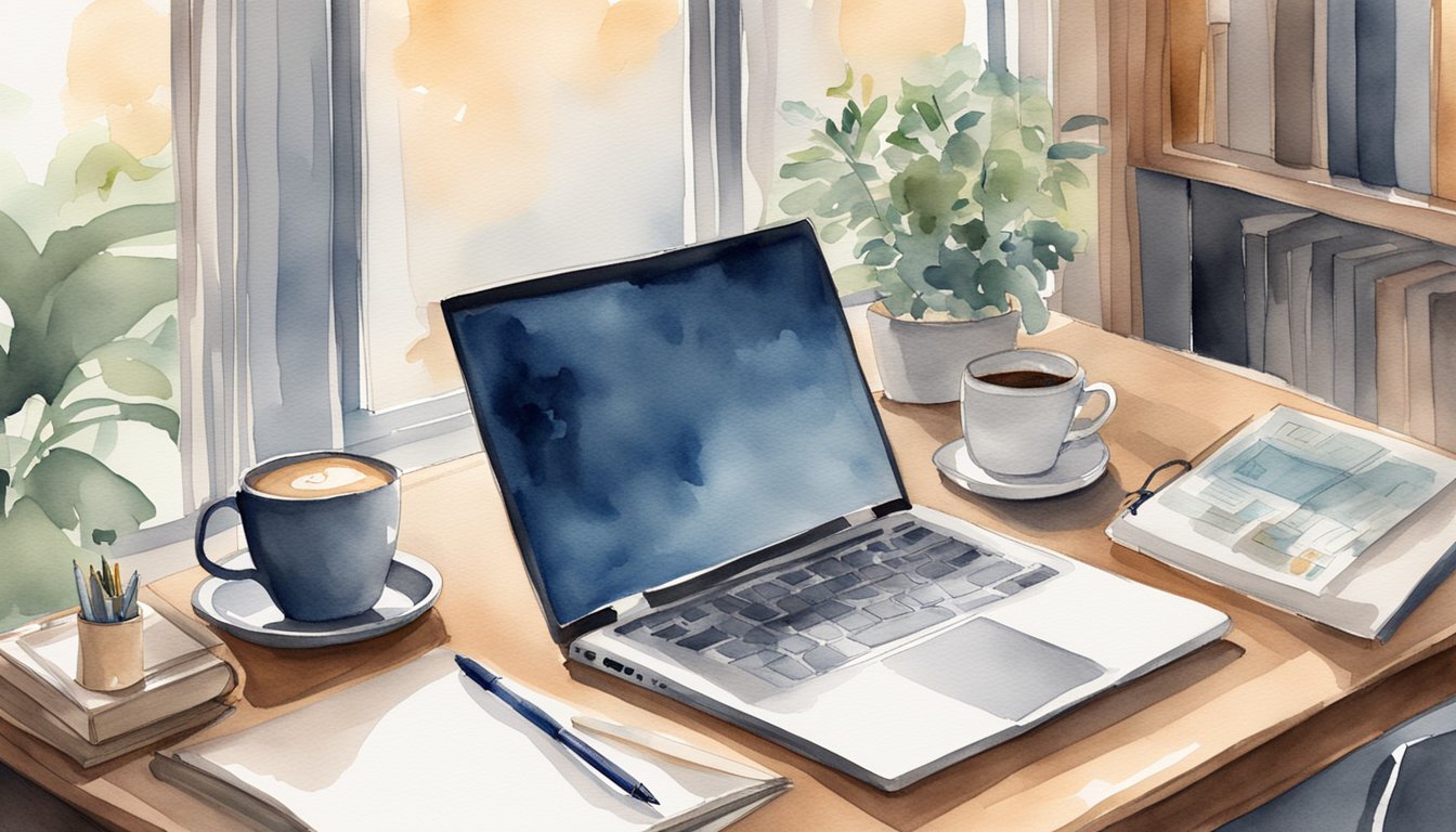 A quiet, organized study space with a laptop, notebook, and pen.</p><p>A clock on the wall shows the time.</p><p>A cup of coffee sits on the desk