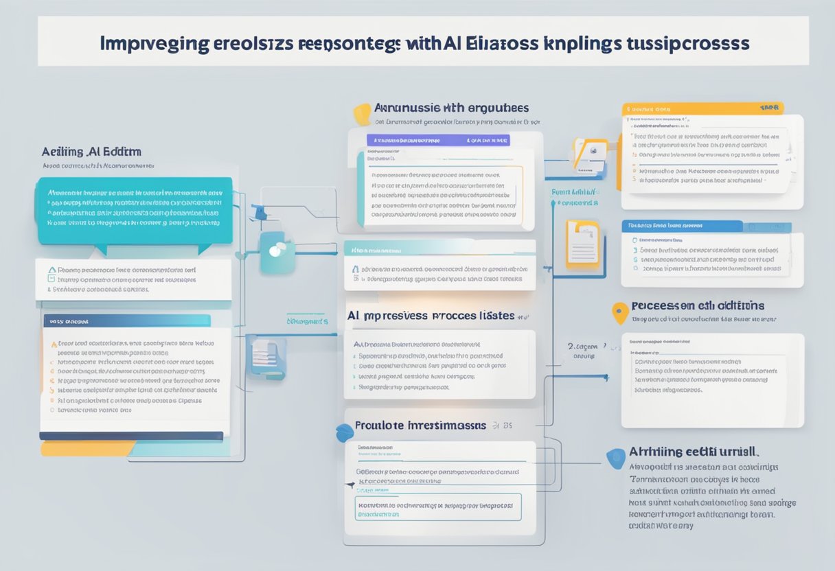 AI program analyzes text. Screen shows "Improving Responses with AI Editing" with "ai replies" highlighted. AI algorithm processes data