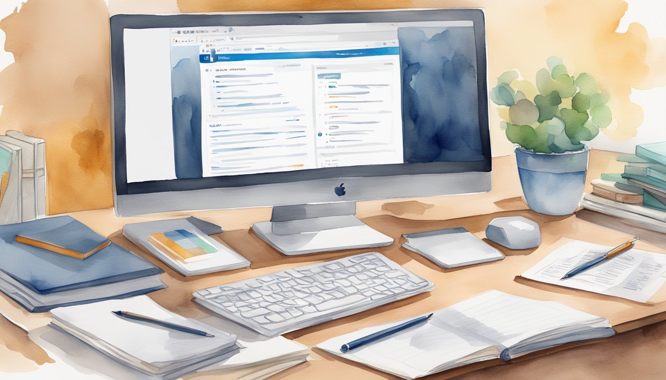 A desk with a computer displaying LinkedIn Learning's PMP Exam Prep course, surrounded by study materials and a notebook