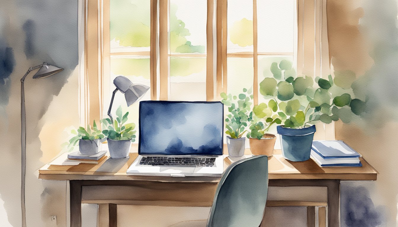 A clutter-free desk with a laptop, notebooks, and pens.</p><p>Natural light streams in from a window.</p><p>A comfortable chair and a plant add a touch of coziness