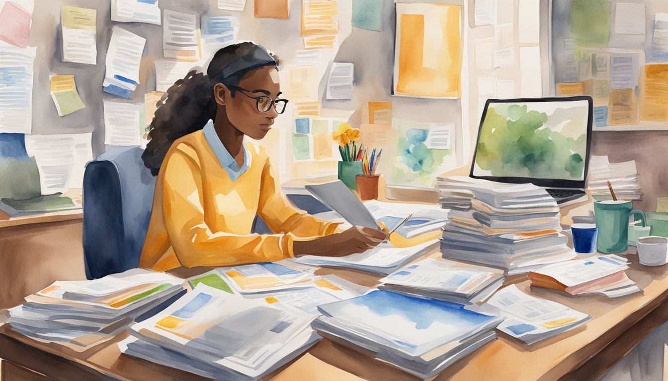 A student sits at a desk, surrounded by college brochures and financial aid forms.</p><p>They are calculating tuition, fees, and living expenses while considering scholarships and loans