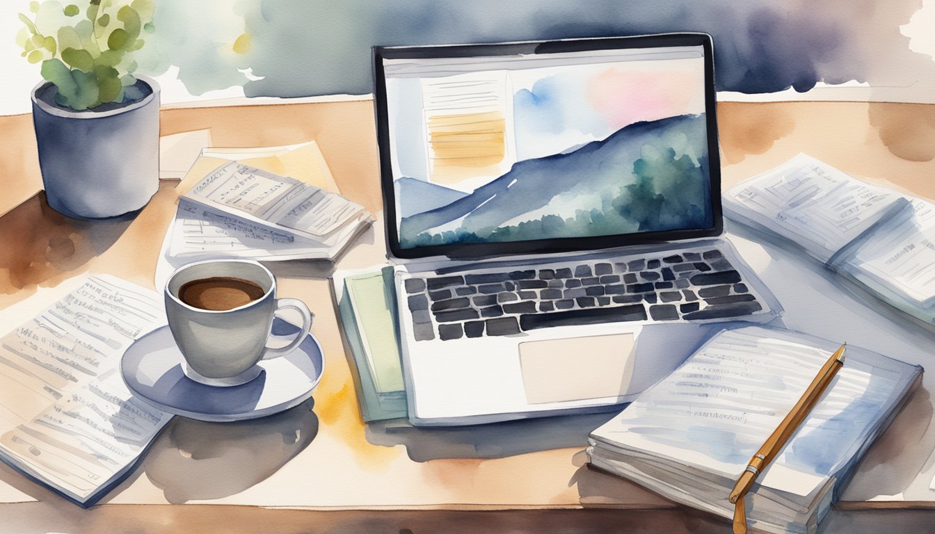 A laptop open on a desk with notes and textbooks scattered around.</p><p>A cup of coffee sits nearby as the screen displays an online course