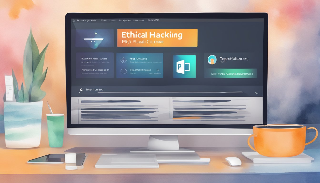 A computer screen displaying the title "Pluralsight: Ethical Hacking 11 Top Online Courses for Adult Learners" with a cursor hovering over the play button