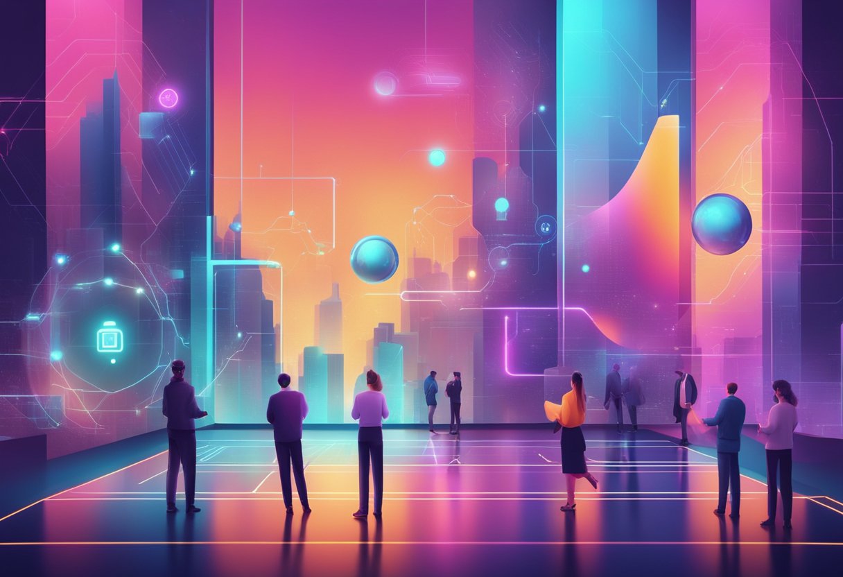 A futuristic digital interface displays AI discussions in a virtual community, with vibrant colors and dynamic visualizations