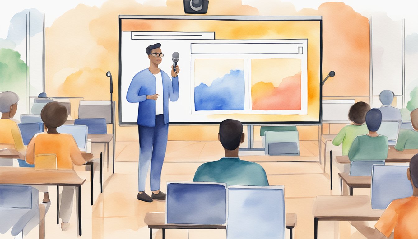 A virtual classroom setting with a computer, microphone, and online course materials displayed on the screen.</p><p>A person is engaging in public speaking training