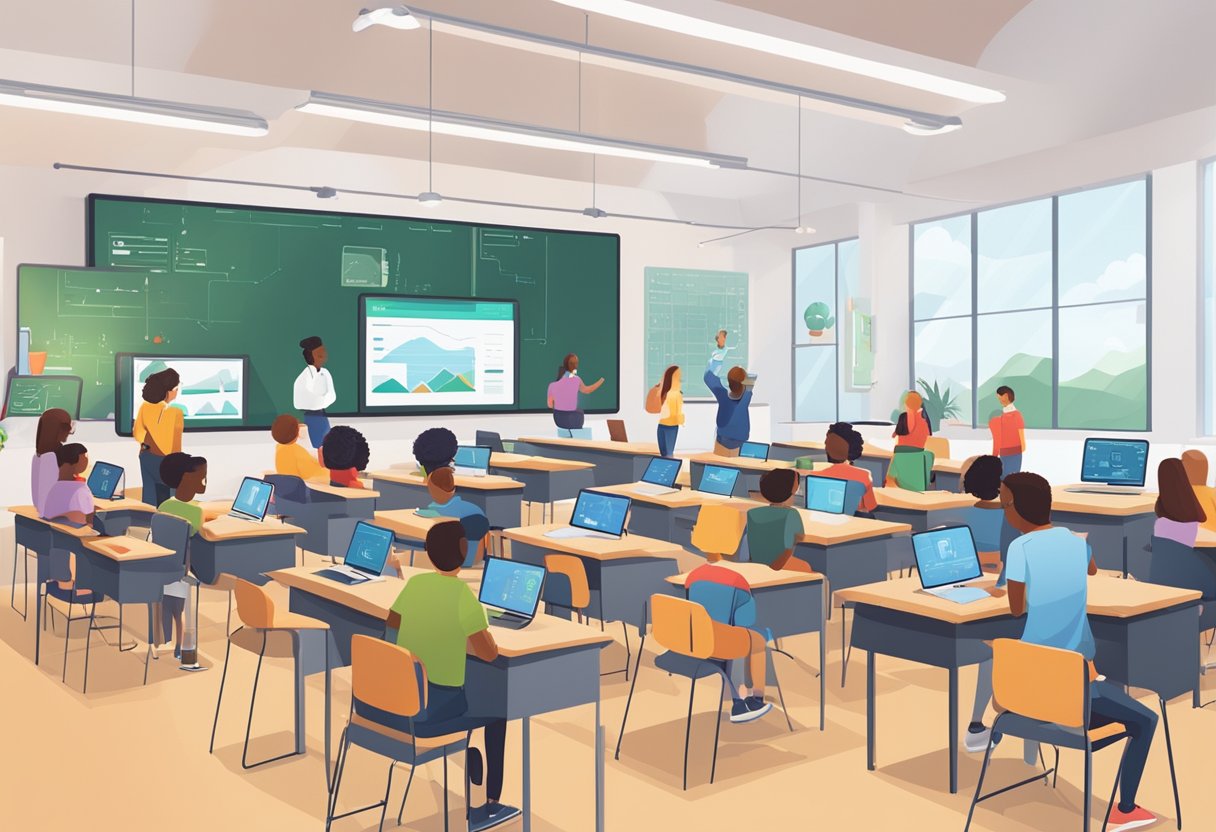 A classroom filled with AI-powered devices assisting students in learning, with digital screens displaying interactive educational content and AI algorithms analyzing student performance