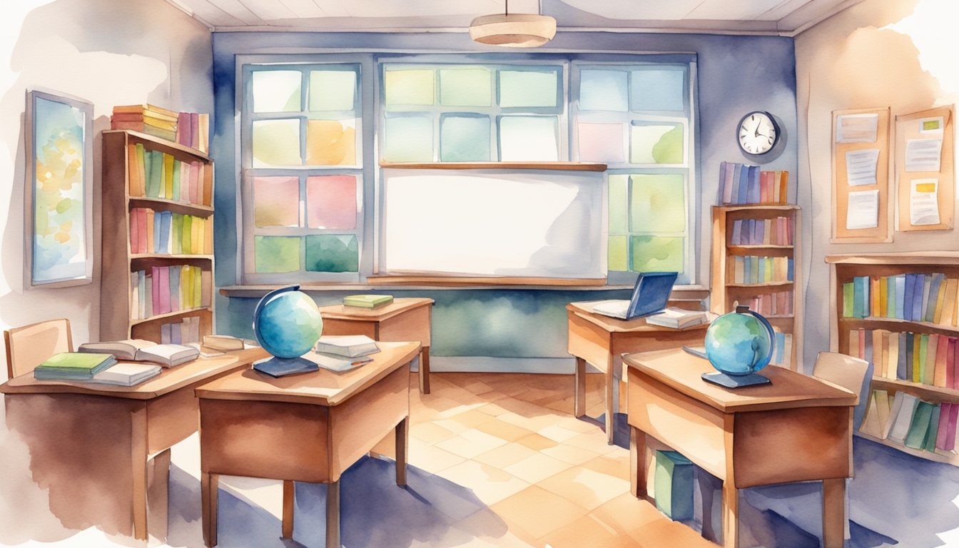 A bright classroom with books, a whiteboard, and a computer.</p><p>A desk with study materials and a clock on the wall